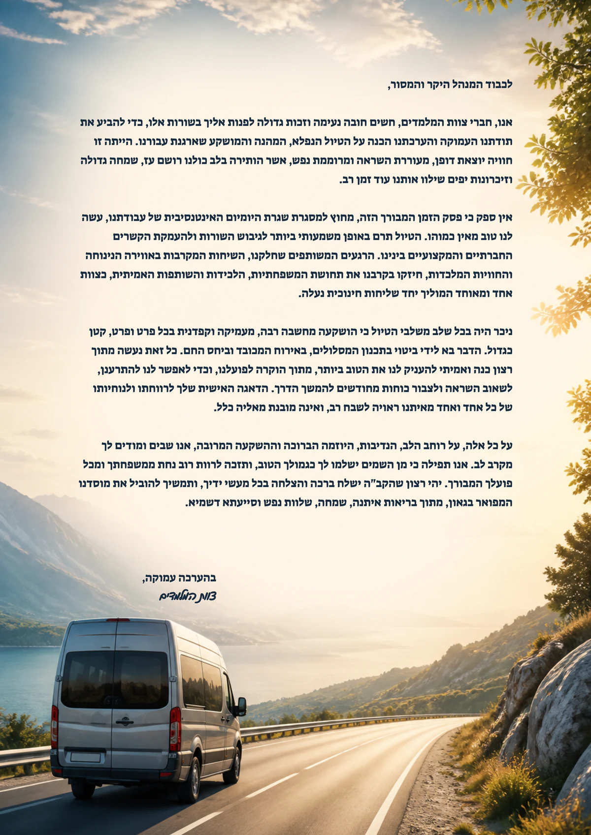 דוגמה למכתב הוקרה מעוצב לצוות נהגי טיול